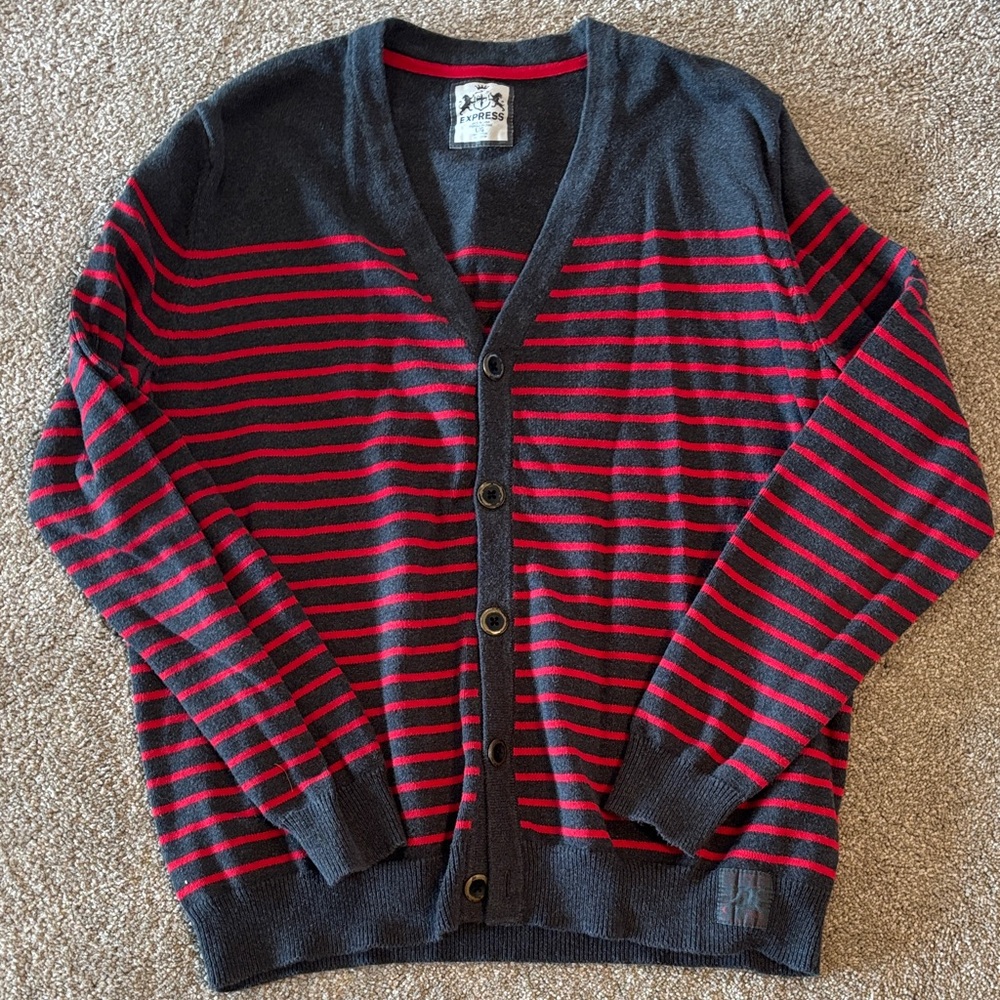 EXPRESS Striped Cardigan Sweater Men's Lg Gray Red Preppy Knit Ivy League Casual